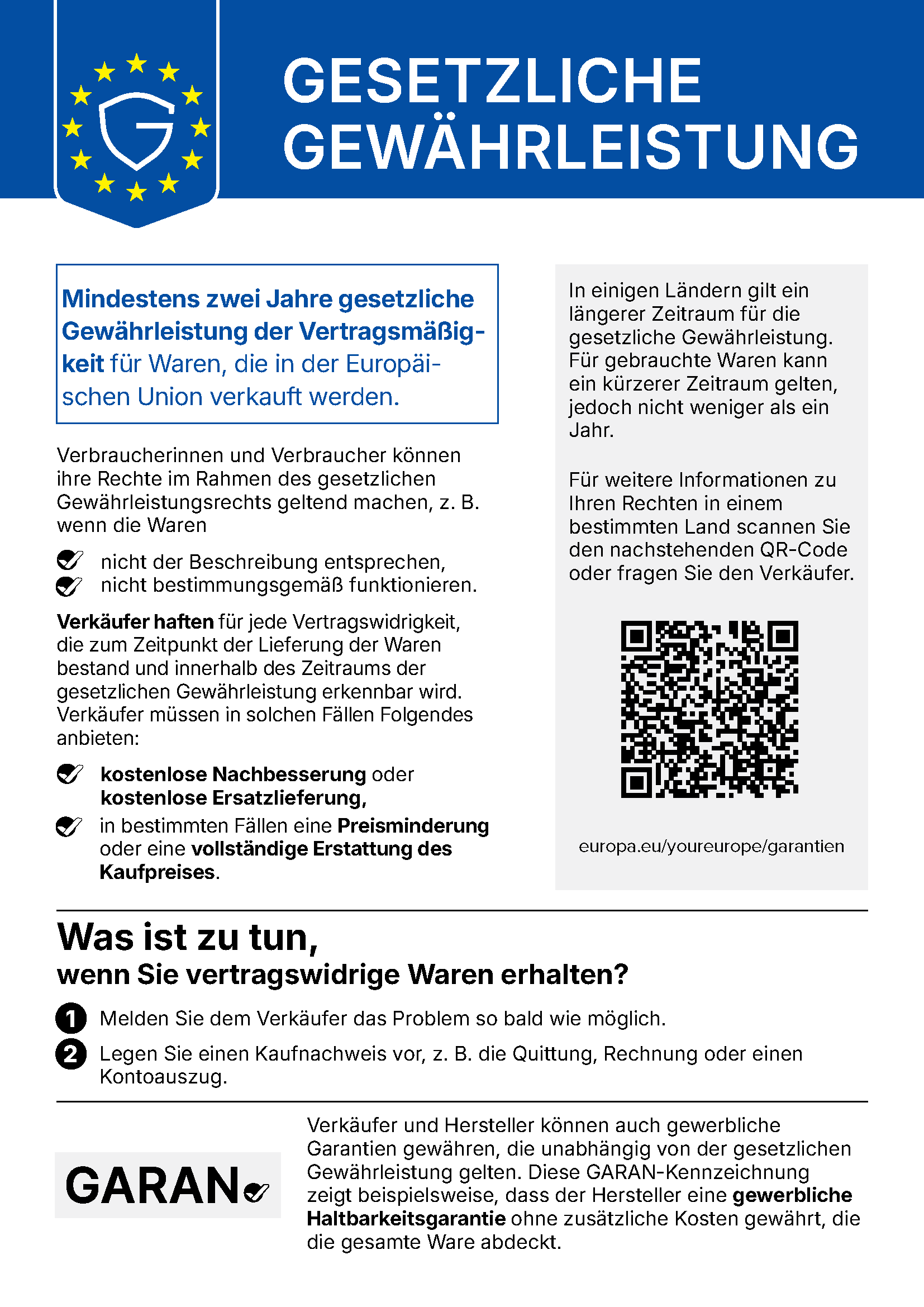 EU-Gewährleistungslabel: Gesetzliche Gewährleistung, mindestens zwei Jahre für Waren, die in der Europäischen Union verkauft werden